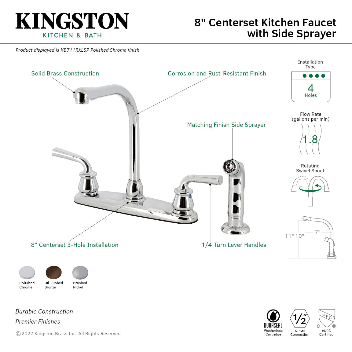Restoration KB711RXLSP Two-Handle 4-Hole Deck Mount 8" Centerset Kitchen Faucet with Side Sprayer, Polished Chrome