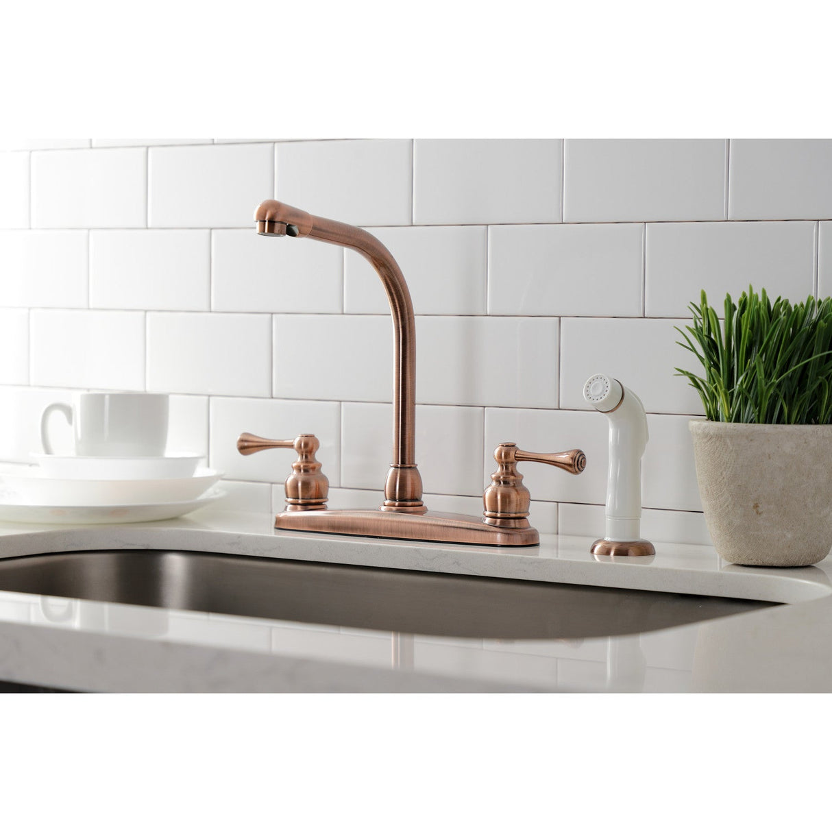 KB716BL Two-Handle 4-Hole Deck Mount 8" Centerset Kitchen Faucet with Side Sprayer, Antique Copper