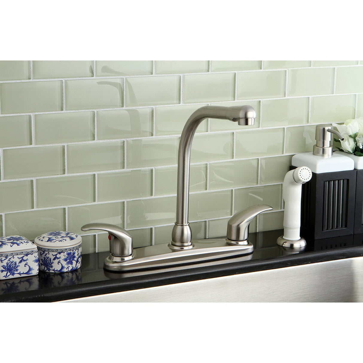 Legacy KB718LL Two-Handle 4-Hole Deck Mount 8" Centerset Kitchen Faucet with Side Sprayer, Brushed Nickel