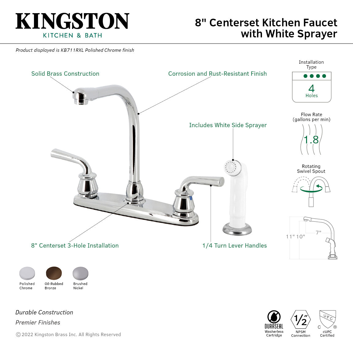 Restoration KB718RXL Two-Handle 4-Hole Deck Mount 8" Centerset Kitchen Faucet with White Sprayer, Brushed Nickel