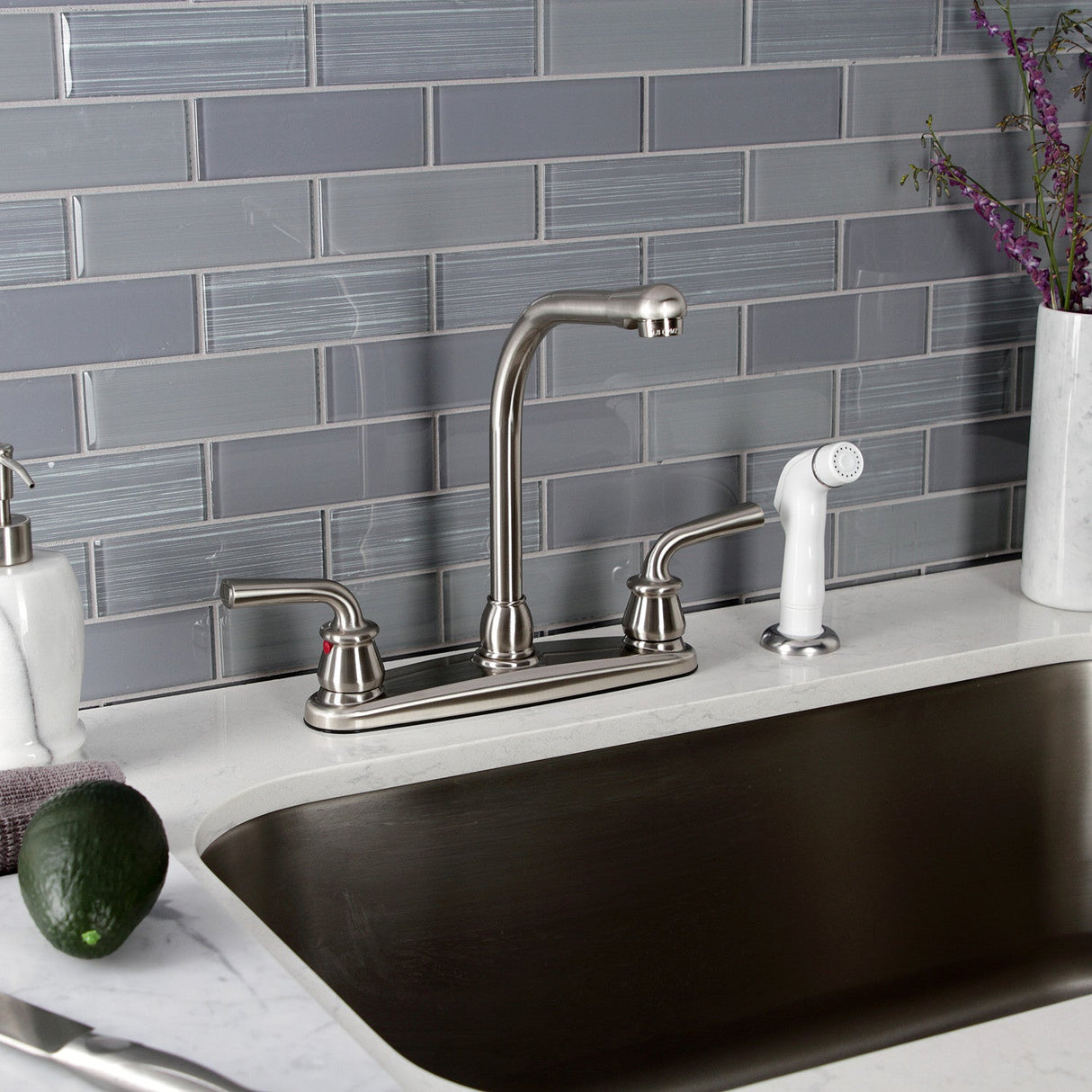 Restoration KB718RXL Two-Handle 4-Hole Deck Mount 8" Centerset Kitchen Faucet with White Sprayer, Brushed Nickel