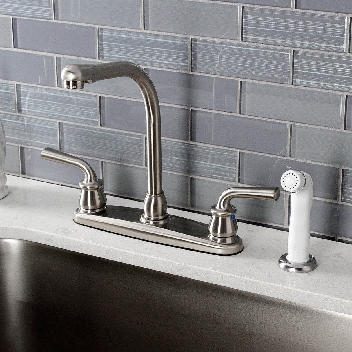 Restoration KB718RXL Two-Handle 4-Hole Deck Mount 8" Centerset Kitchen Faucet with White Sprayer, Brushed Nickel