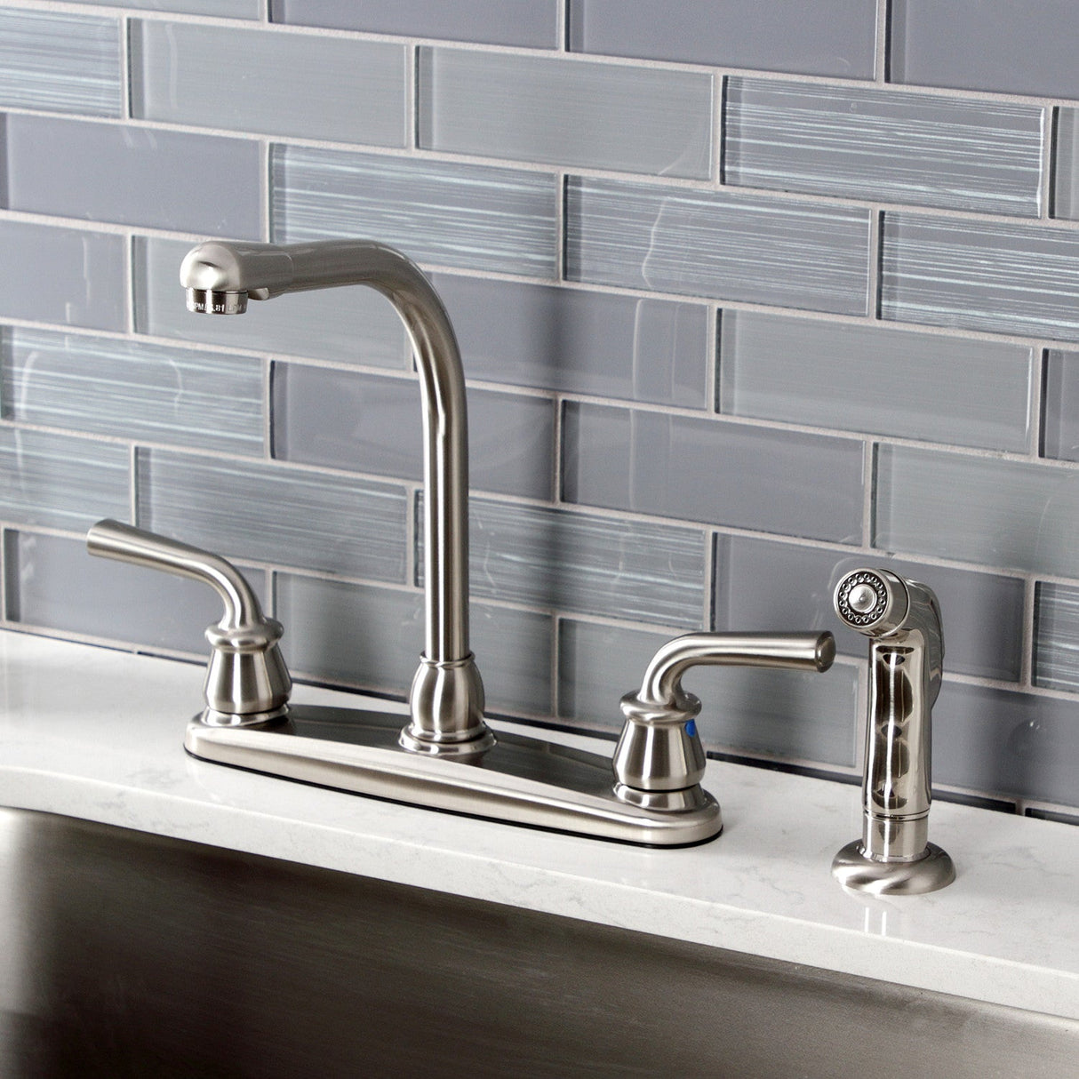 Restoration KB718RXLSP Two-Handle 4-Hole Deck Mount 8" Centerset Kitchen Faucet with Side Sprayer, Brushed Nickel