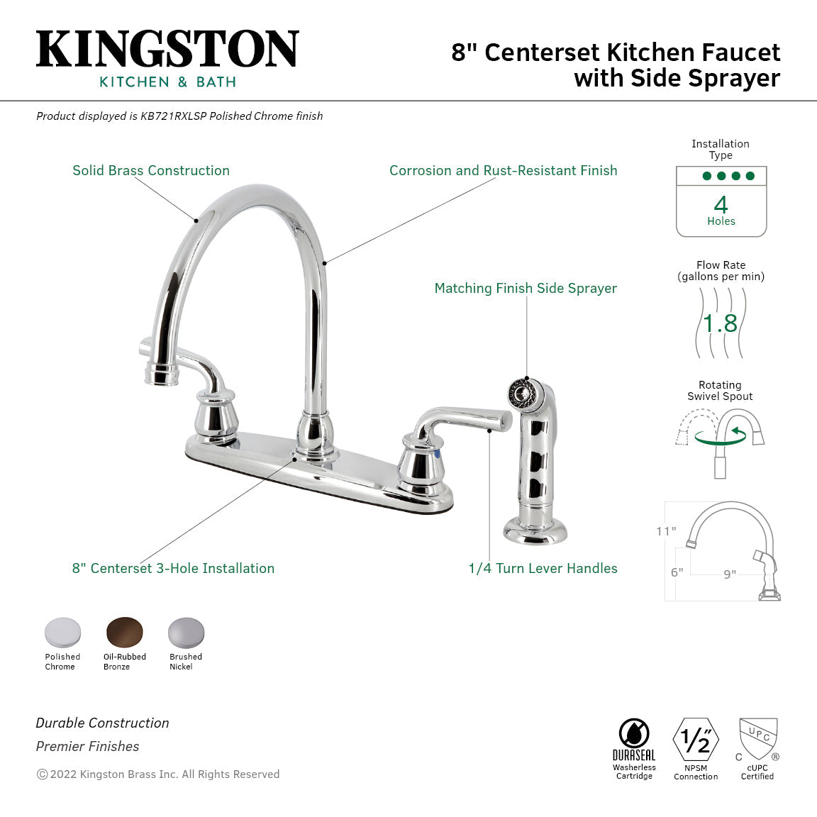 Restoration KB721RXLSP Two-Handle 4-Hole Deck Mount 8" Centerset Kitchen Faucet with Side Sprayer, Polished Chrome