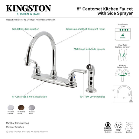 Restoration KB725RXLSP Two-Handle 4-Hole Deck Mount 8" Centerset Kitchen Faucet with Side Sprayer, Oil Rubbed Bronze