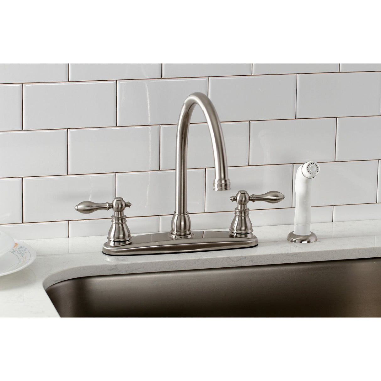 American Classic KB728ACL Two-Handle 4-Hole Deck Mount 8" Centerset Kitchen Faucet with Side Sprayer, Brushed Nickel