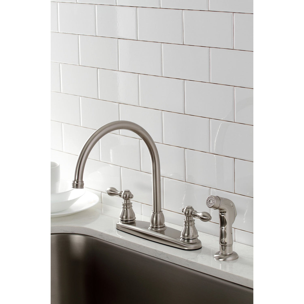 American Classic KB728ACLSP Two-Handle 4-Hole Deck Mount 8" Centerset Kitchen Faucet with Side Sprayer, Brushed Nickel