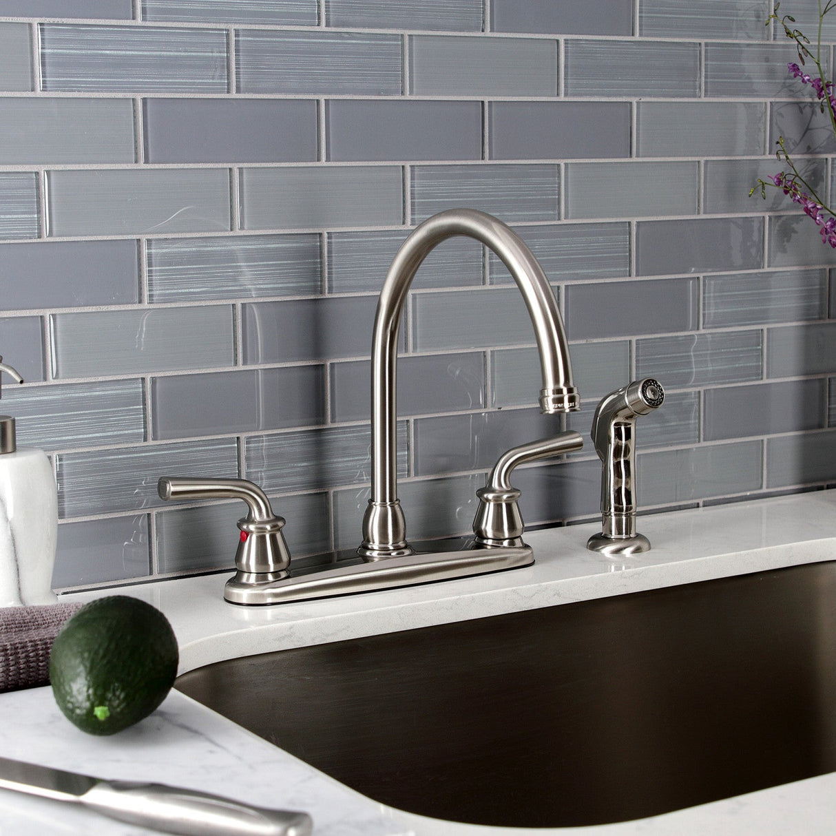 Restoration KB728RXLSP Two-Handle 4-Hole Deck Mount 8" Centerset Kitchen Faucet with Side Sprayer, Brushed Nickel