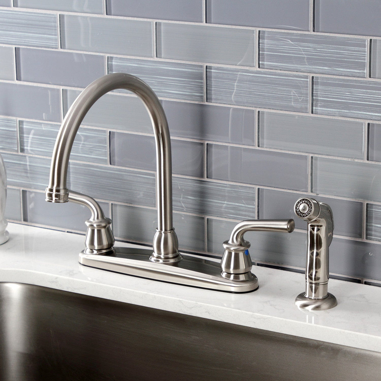 Restoration KB728RXLSP Two-Handle 4-Hole Deck Mount 8" Centerset Kitchen Faucet with Side Sprayer, Brushed Nickel