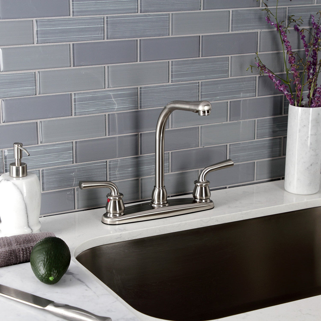 Restoration KB758RXLLS Two-Handle 2-Hole Deck Mount 8" Centerset Kitchen Faucet, Brushed Nickel