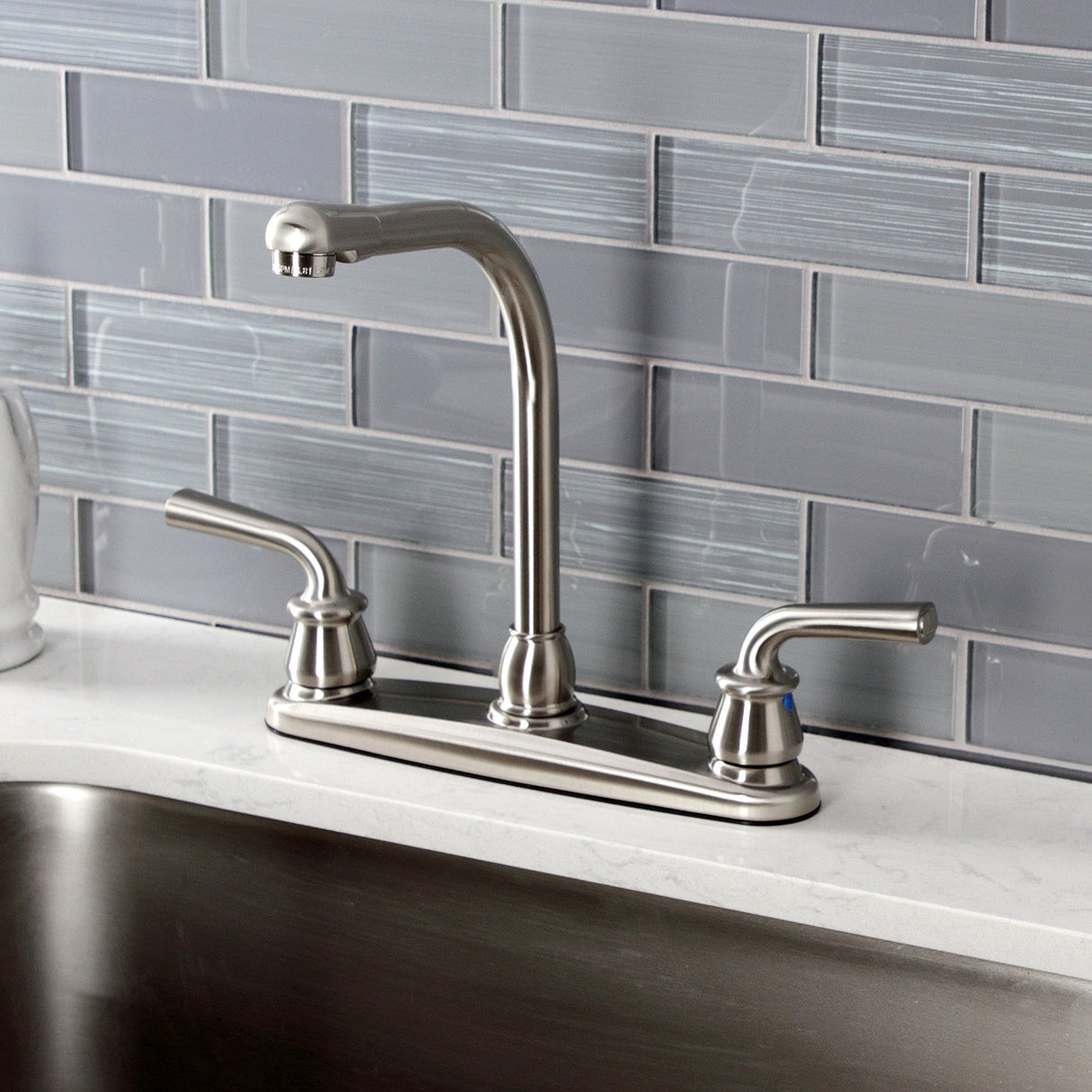 Restoration KB758RXLLS Two-Handle 2-Hole Deck Mount 8" Centerset Kitchen Faucet, Brushed Nickel