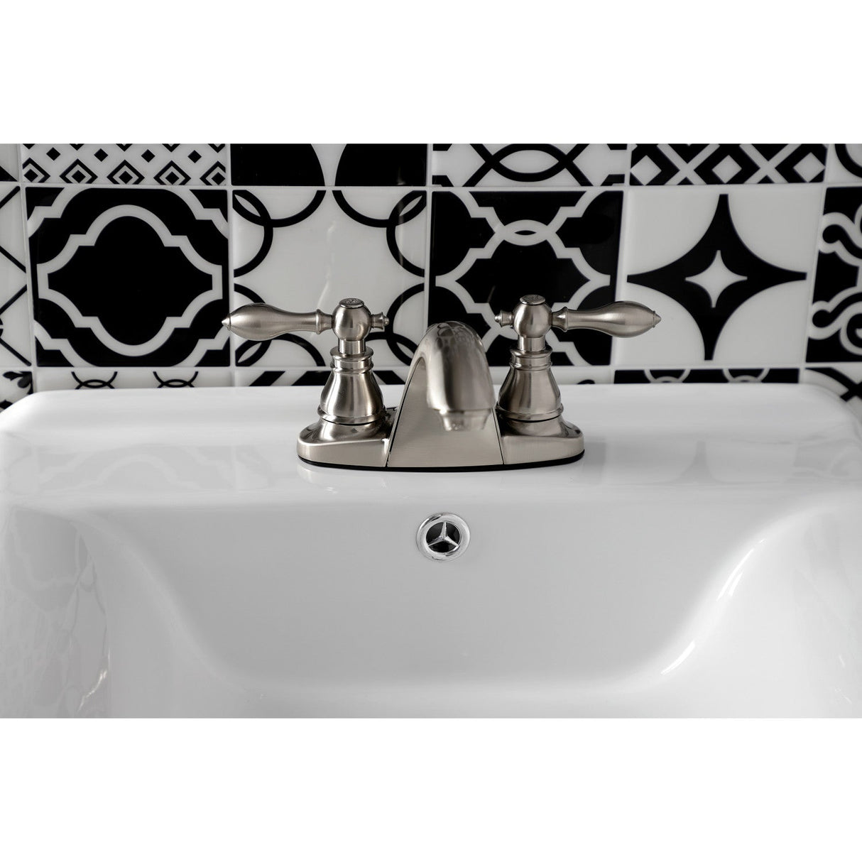 American Classic KB7648ACL Two-Handle 3-Hole Deck Mount 4" Centerset Bathroom Faucet with Plastic Pop-Up, Brushed Nickel