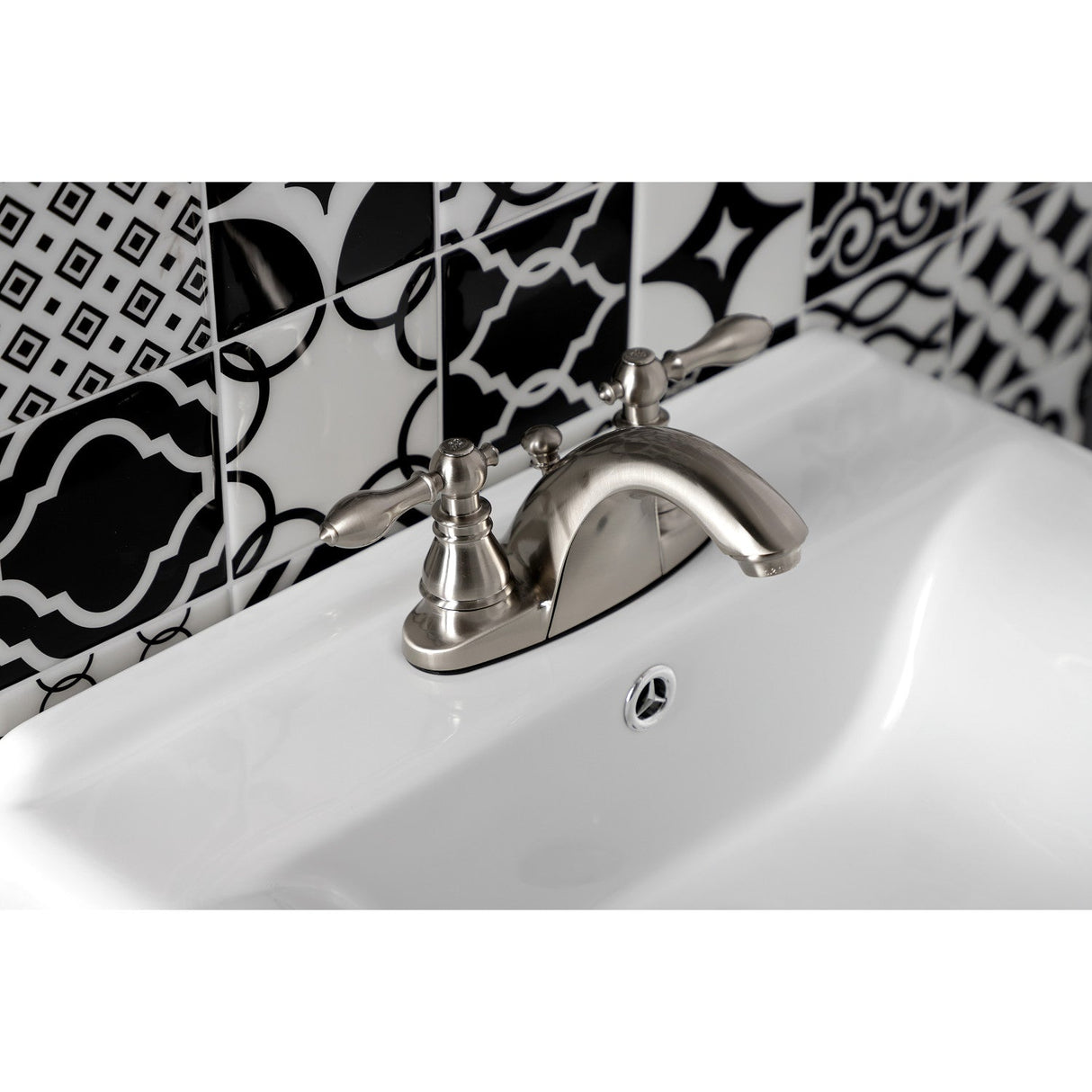 American Classic KB7648ACL Two-Handle 3-Hole Deck Mount 4" Centerset Bathroom Faucet with Plastic Pop-Up, Brushed Nickel