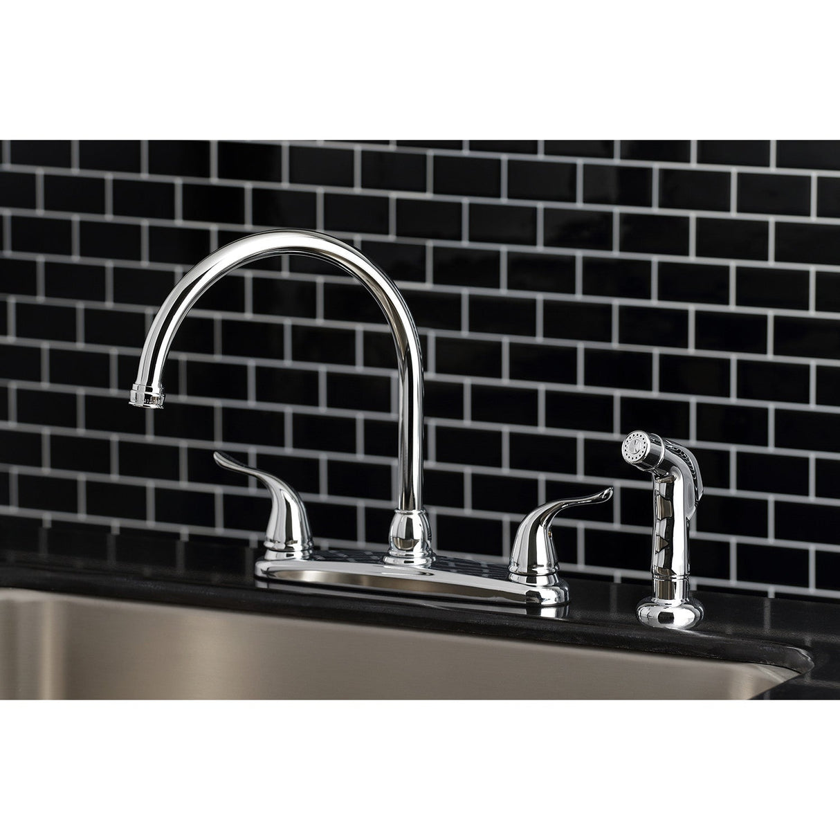 Yosemite KB791YLSP Two-Handle 4-Hole Deck Mount 8" Centerset Kitchen Faucet with Side Sprayer, Polished Chrome
