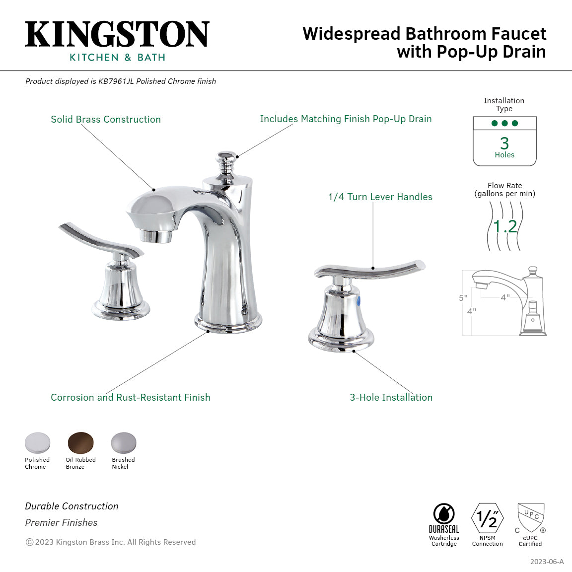 Jamestown KB7965JL Two-Handle 3-Hole Deck Mount Widespread Bathroom Faucet with Plastic Pop-Up, Oil Rubbed Bronze