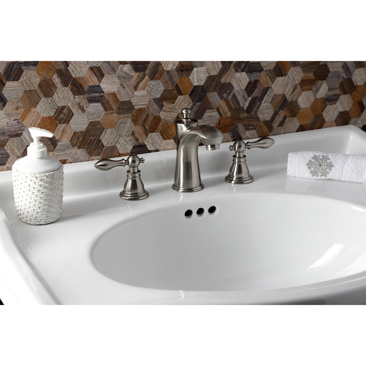 American Classic KB7968ACL Two-Handle 3-Hole Deck Mount Widespread Bathroom Faucet with Plastic Pop-Up, Brushed Nickel