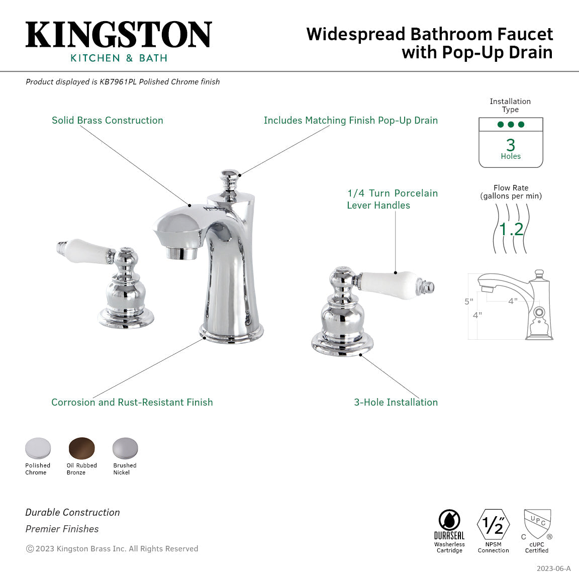 Victorian KB7968PL Two-Handle 3-Hole Deck Mount Widespread Bathroom Faucet with Plastic Pop-Up, Brushed Nickel