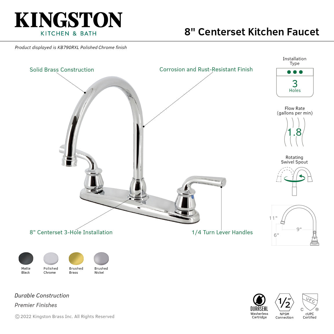 Restoration KB798RXLLS Two-Handle 2-Hole Deck Mount 8" Centerset Kitchen Faucet, Brushed Nickel