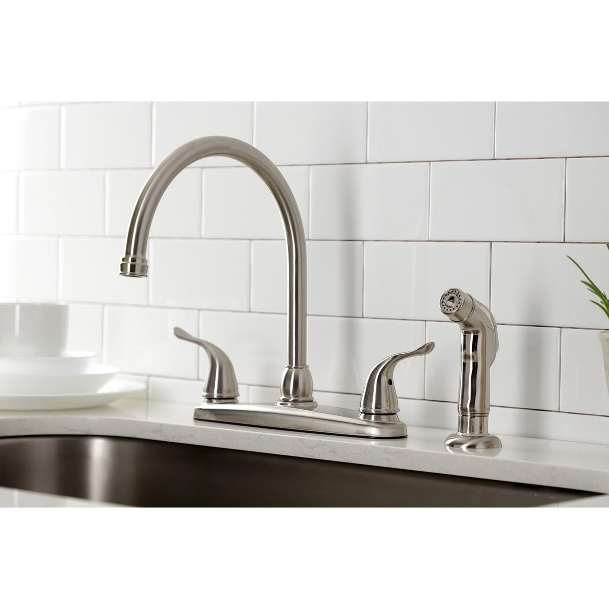 Yosemite KB798YLSP Two-Handle 4-Hole Deck Mount 8" Centerset Kitchen Faucet with Side Sprayer, Brushed Nickel