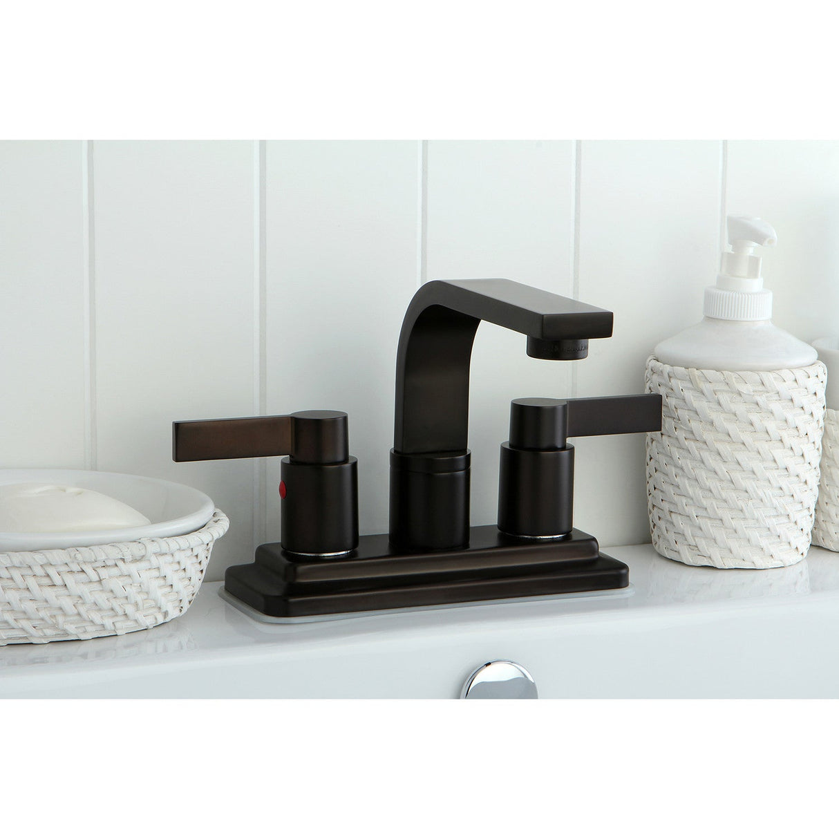 NuvoFusion KB8465NDL Two-Handle 2-Hole Deck Mount 4" Centerset Bathroom Faucet with Push Pop-Up, Oil Rubbed Bronze