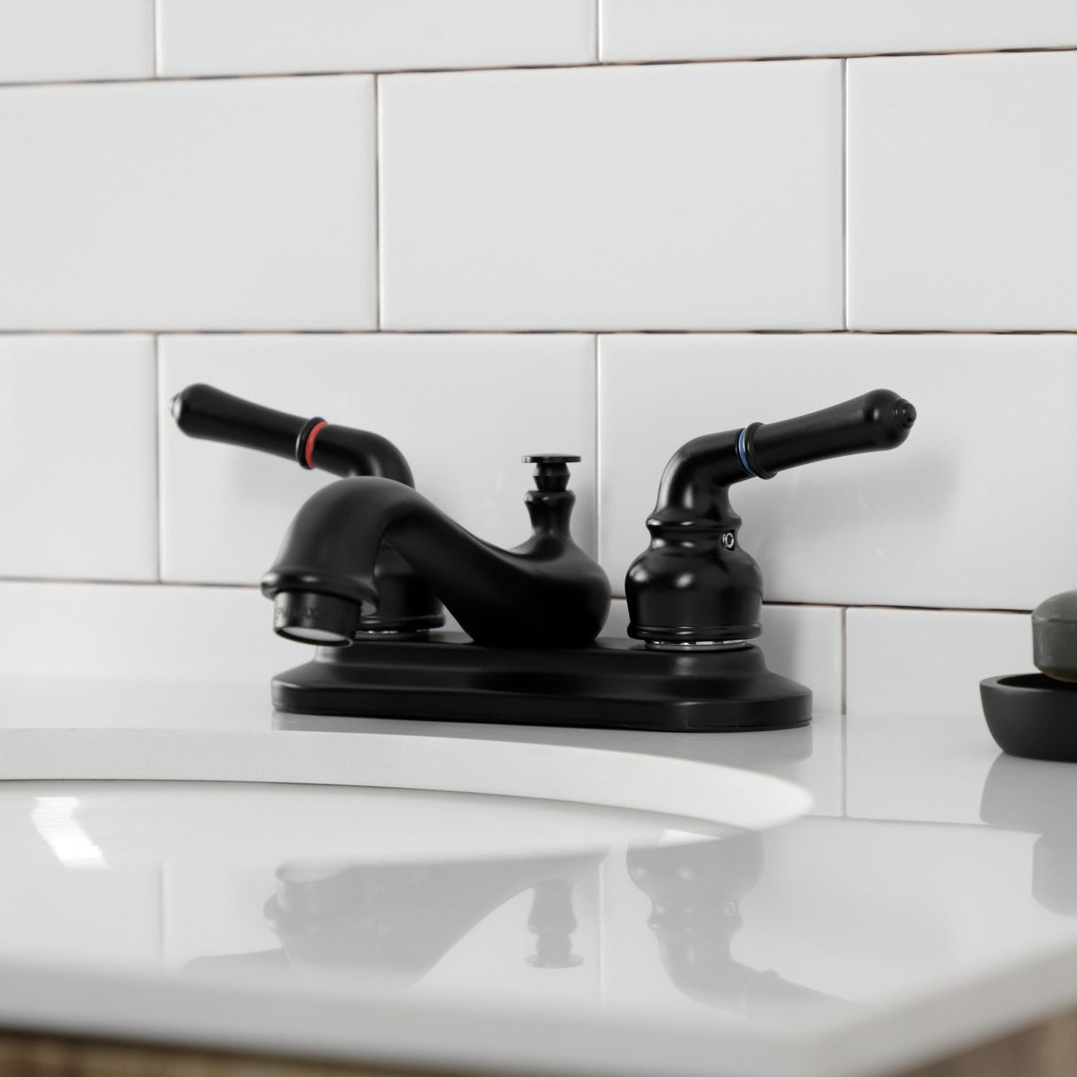 Royale KB8600 Two-Handle 3-Hole Deck Mount 4" Centerset Bathroom Faucet with Plastic Pop-Up, Matte Black