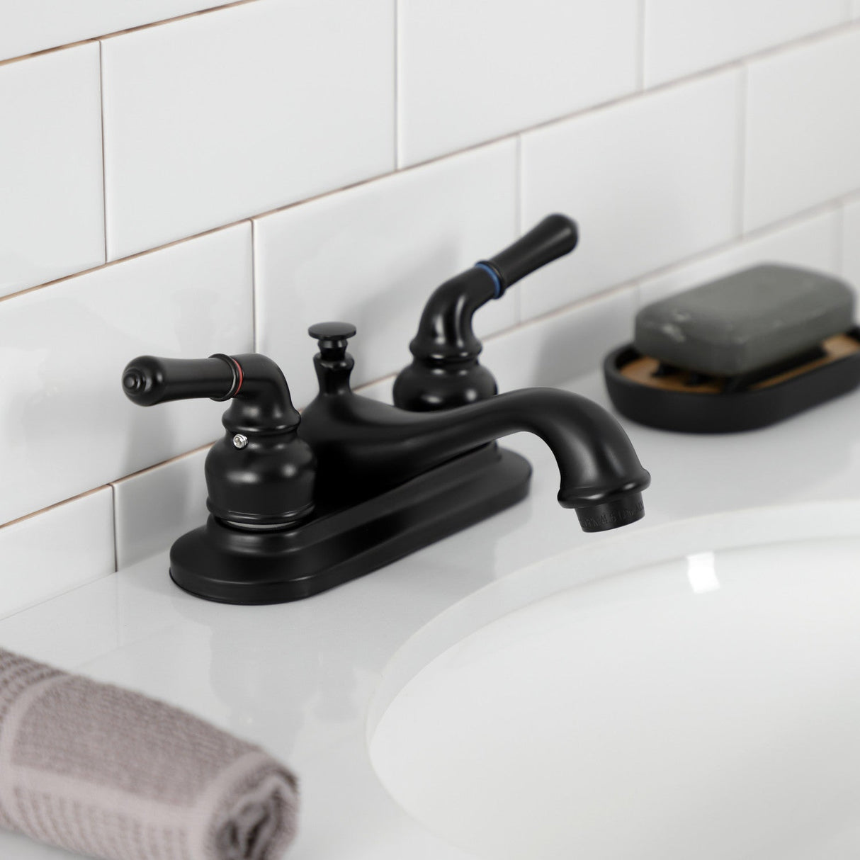 Royale KB8600 Two-Handle 3-Hole Deck Mount 4" Centerset Bathroom Faucet with Plastic Pop-Up, Matte Black