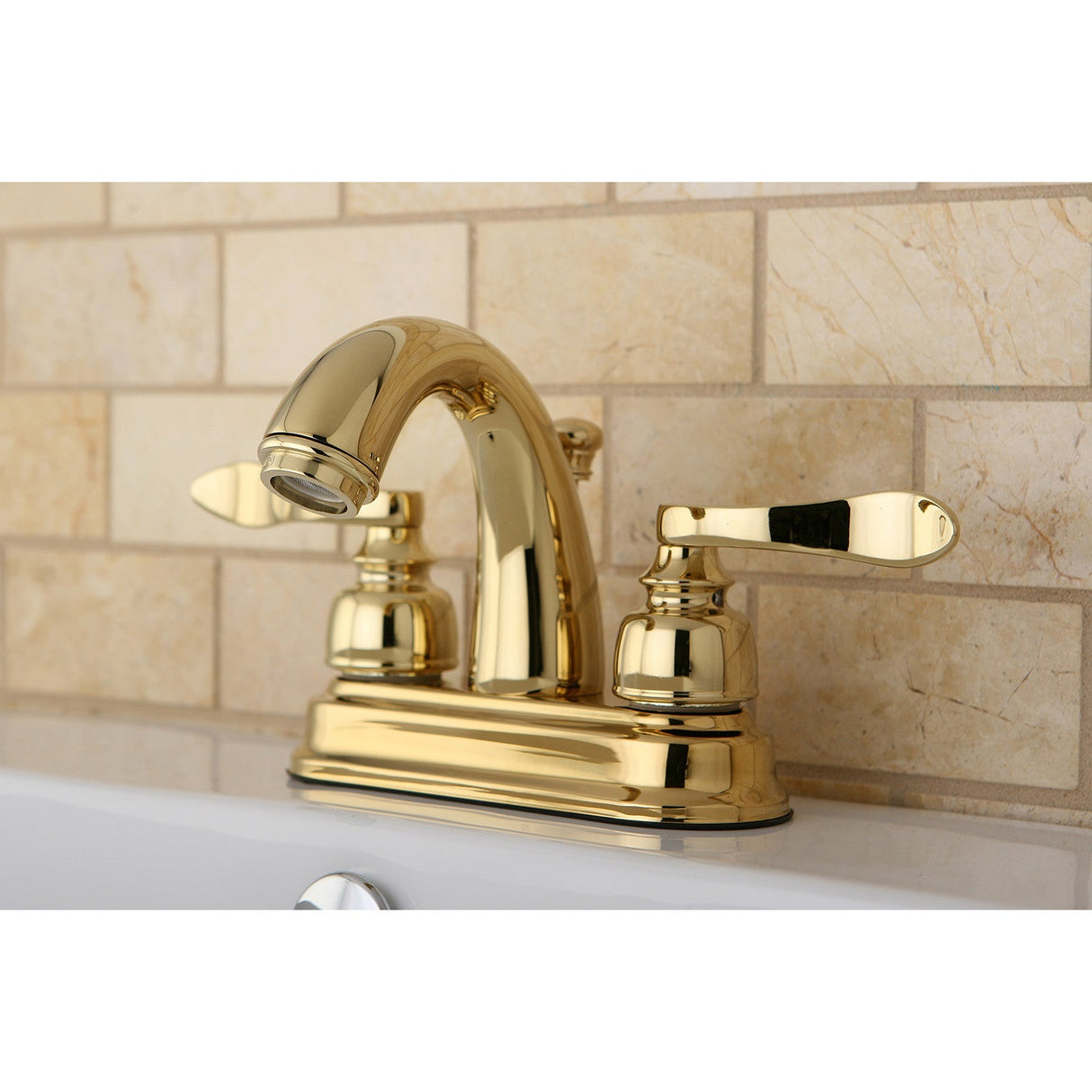 NuWave French KB8612NFL Two-Handle 3-Hole Deck Mount 4" Centerset Bathroom Faucet with Plastic Pop-Up, Polished Brass