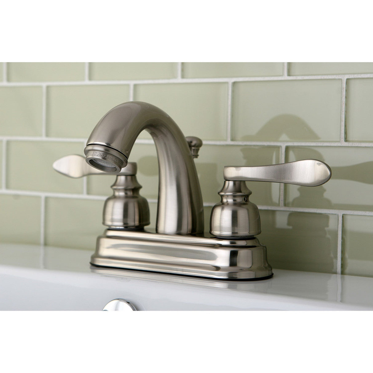 NuWave French KB8618NFL Two-Handle 3-Hole Deck Mount 4" Centerset Bathroom Faucet with Plastic Pop-Up, Brushed Nickel