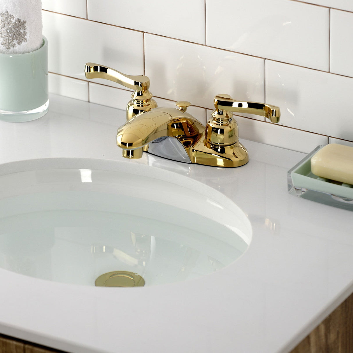 Royale KB8622FL Two-Handle 3-Hole Deck Mount 4" Centerset Bathroom Faucet with Plastic Pop-Up, Polished Brass