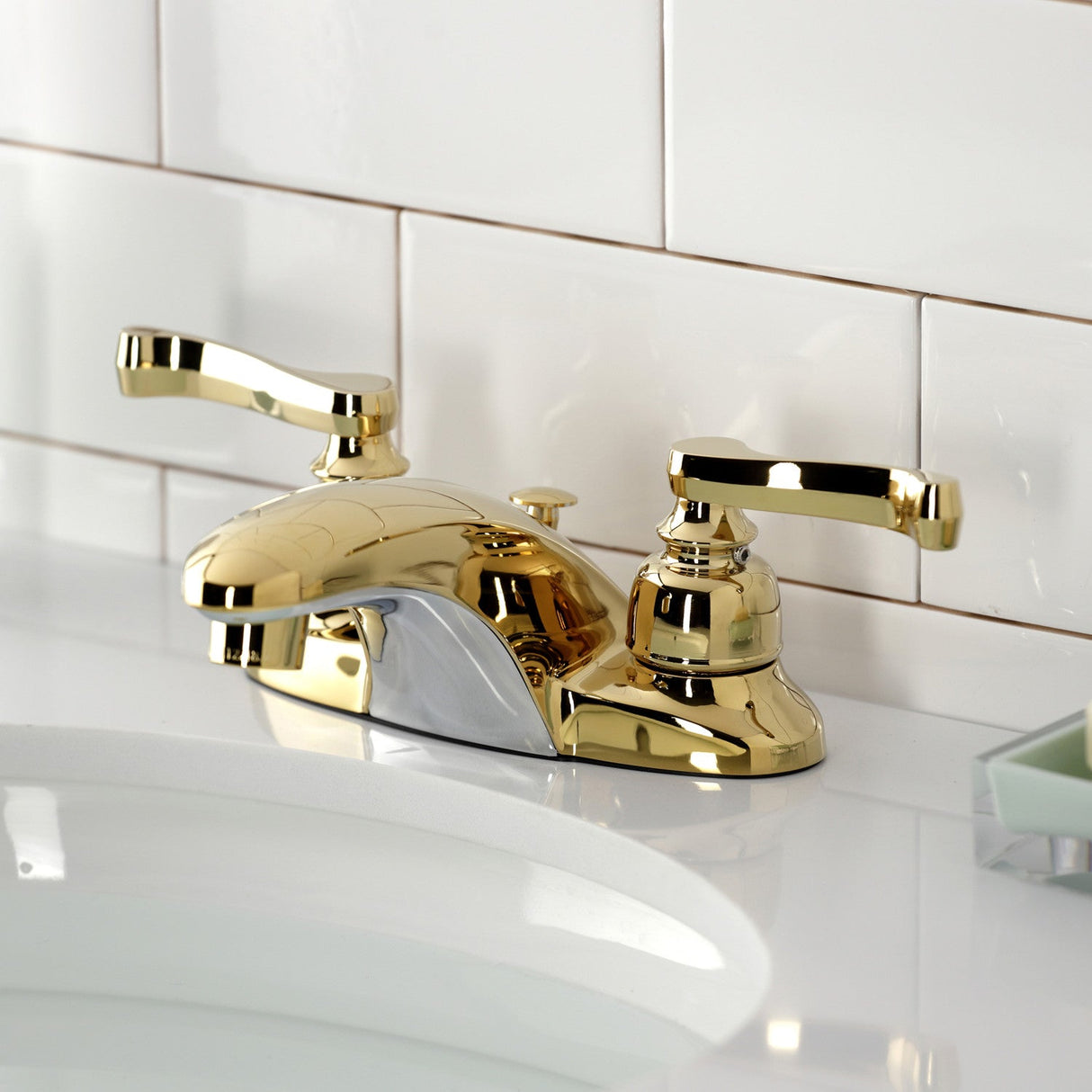 Royale KB8622FL Two-Handle 3-Hole Deck Mount 4" Centerset Bathroom Faucet with Plastic Pop-Up, Polished Brass