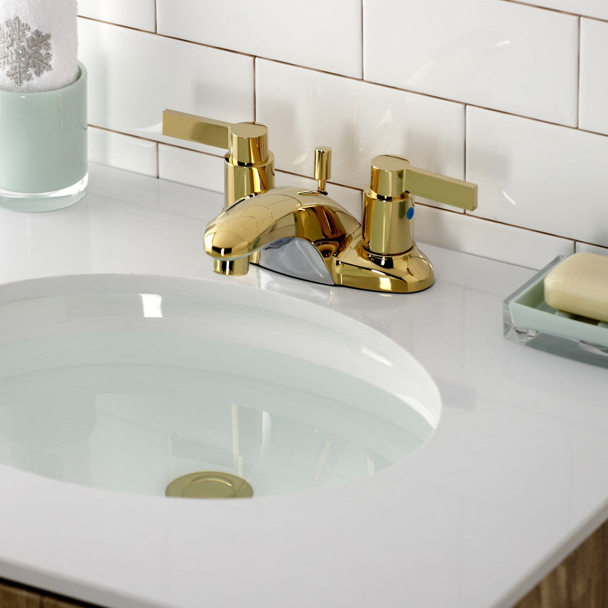 NuvoFusion KB8622NDL Two-Handle 3-Hole Deck Mount 4" Centerset Bathroom Faucet with Plastic Pop-Up, Polished Brass