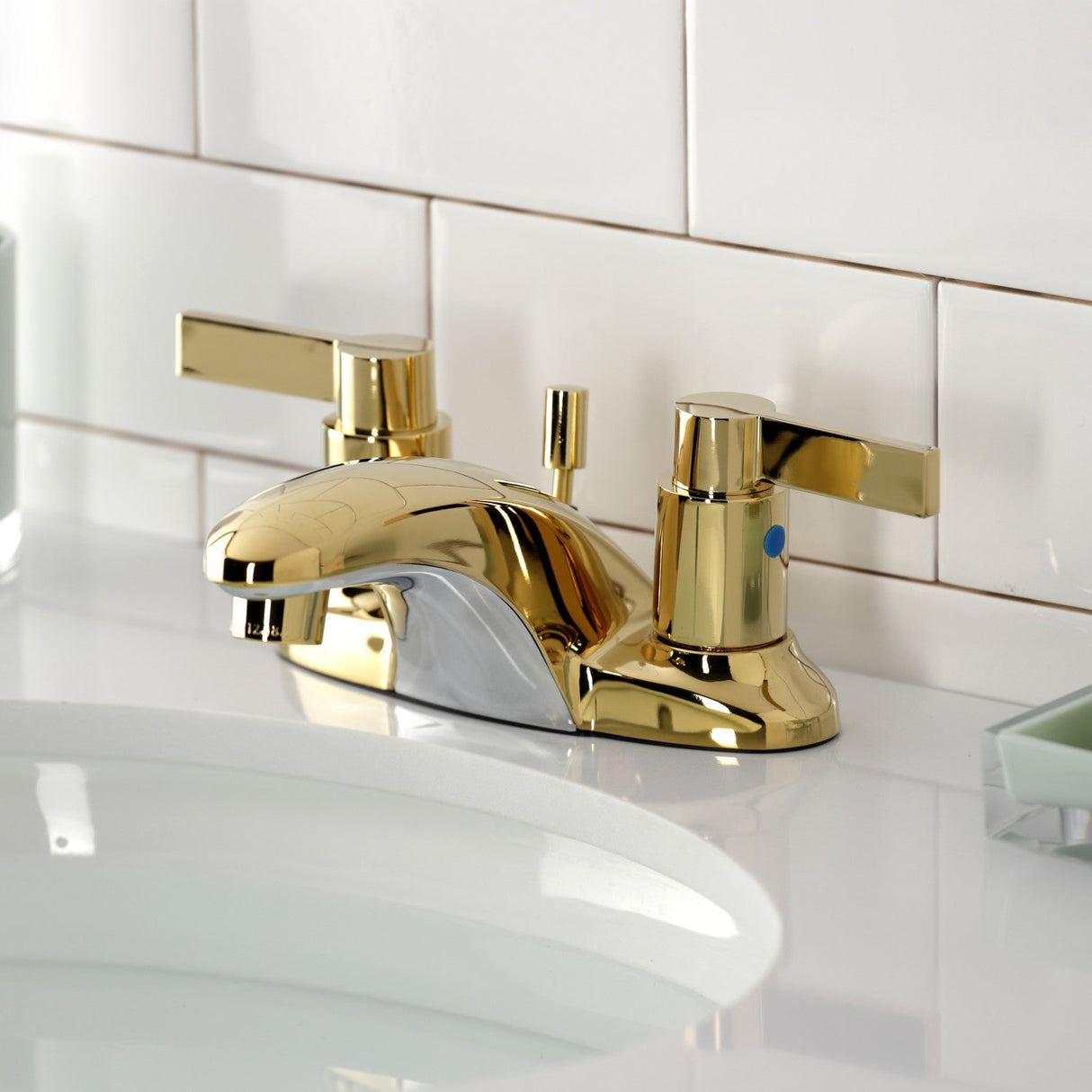 NuvoFusion KB8622NDL Two-Handle 3-Hole Deck Mount 4" Centerset Bathroom Faucet with Plastic Pop-Up, Polished Brass