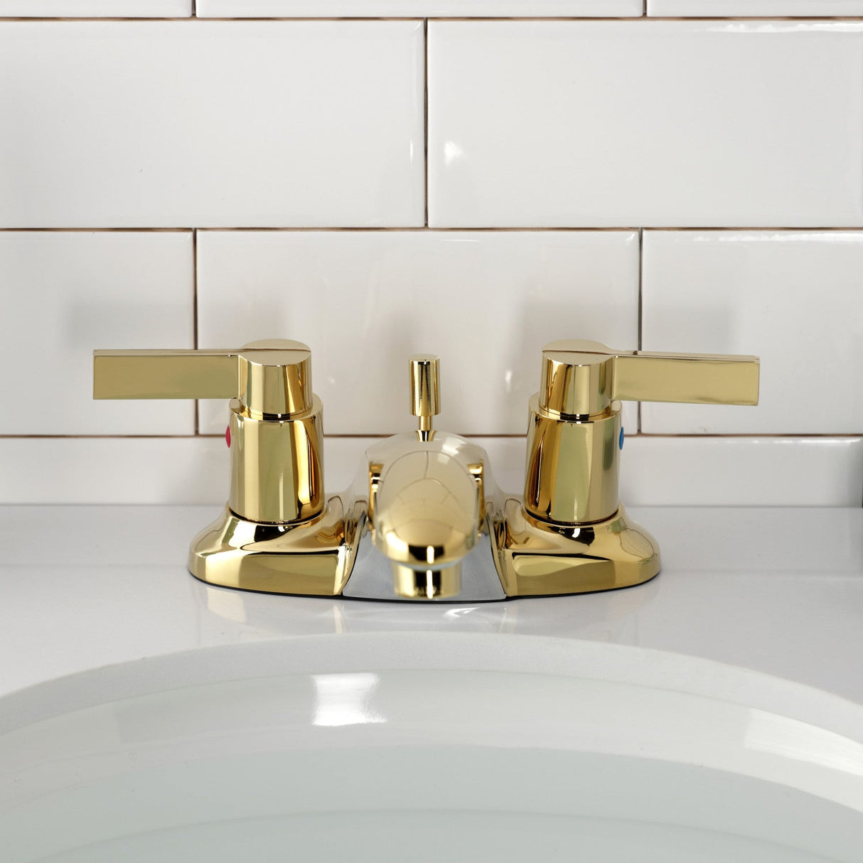 NuvoFusion KB8622NDL Two-Handle 3-Hole Deck Mount 4" Centerset Bathroom Faucet with Plastic Pop-Up, Polished Brass