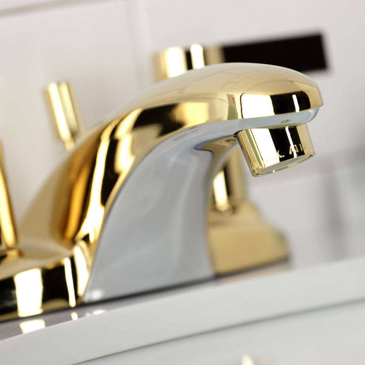 NuvoFusion KB8622NDL Two-Handle 3-Hole Deck Mount 4" Centerset Bathroom Faucet with Plastic Pop-Up, Polished Brass