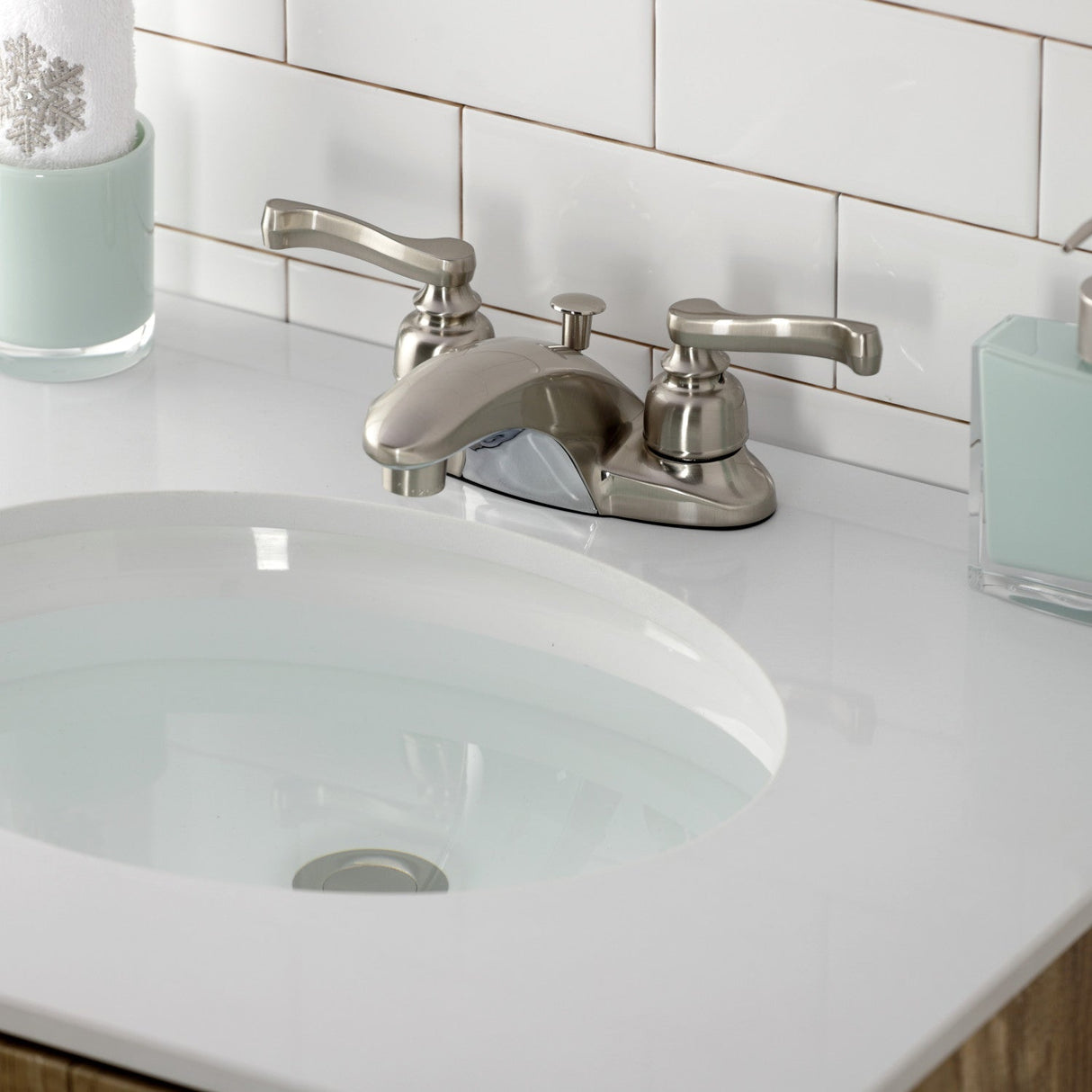 Royale KB8628FL Two-Handle 3-Hole Deck Mount 4" Centerset Bathroom Faucet with Plastic Pop-Up, Brushed Nickel