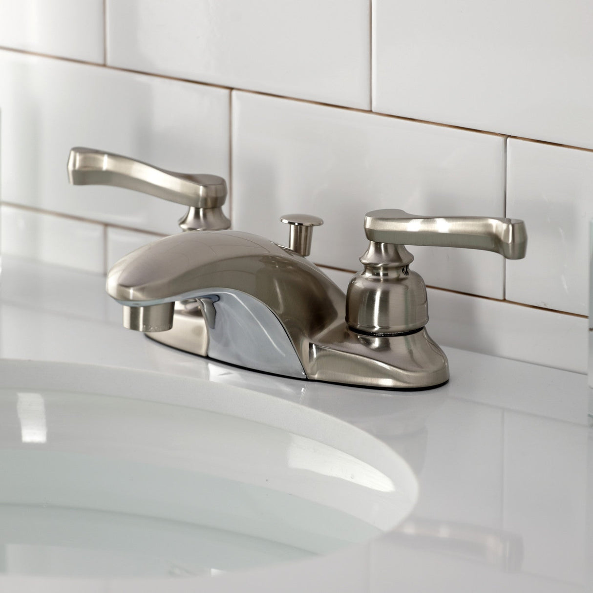 Royale KB8628FL Two-Handle 3-Hole Deck Mount 4" Centerset Bathroom Faucet with Plastic Pop-Up, Brushed Nickel