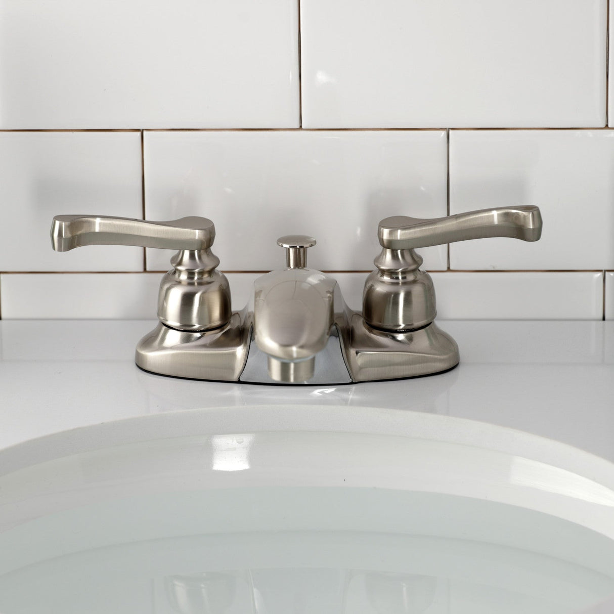 Royale KB8628FL Two-Handle 3-Hole Deck Mount 4" Centerset Bathroom Faucet with Plastic Pop-Up, Brushed Nickel