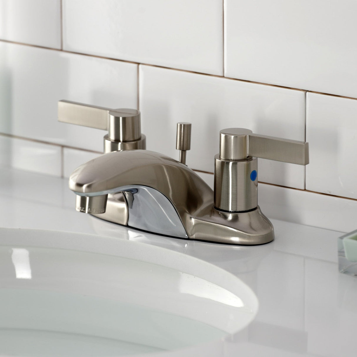 NuvoFusion KB8628NDL Two-Handle 3-Hole Deck Mount 4" Centerset Bathroom Faucet with Plastic Pop-Up, Brushed Nickel