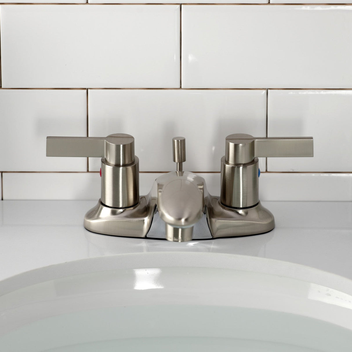 NuvoFusion KB8628NDL Two-Handle 3-Hole Deck Mount 4" Centerset Bathroom Faucet with Plastic Pop-Up, Brushed Nickel