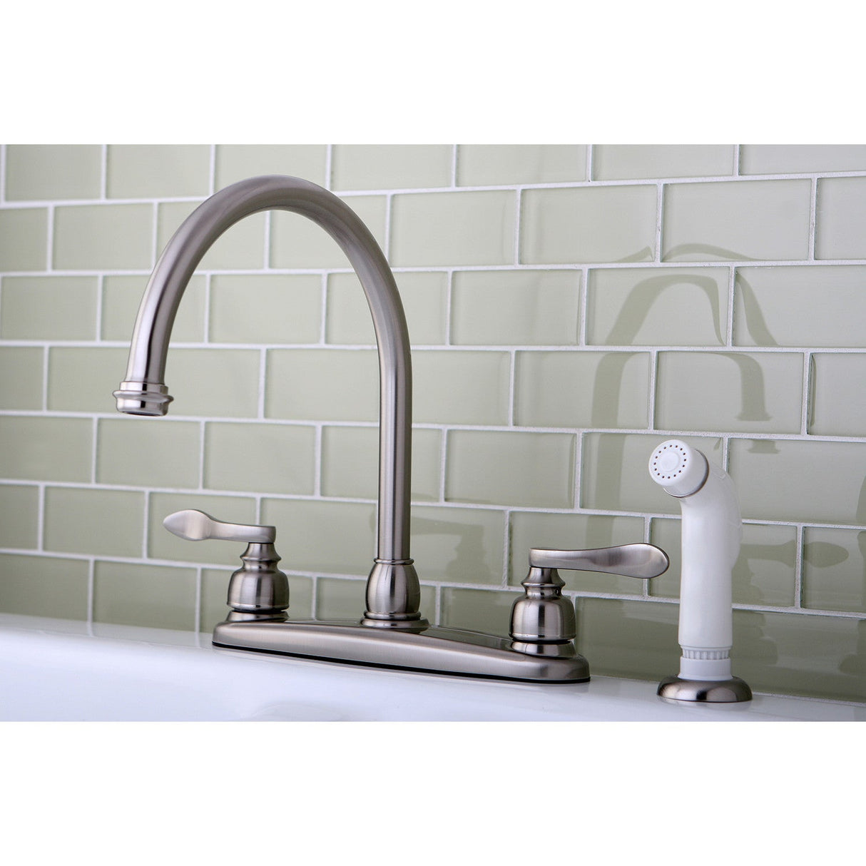 NuWave French KB8798NFL Two-Handle 4-Hole Deck Mount 8" Centerset Kitchen Faucet with Side Sprayer, Brushed Nickel