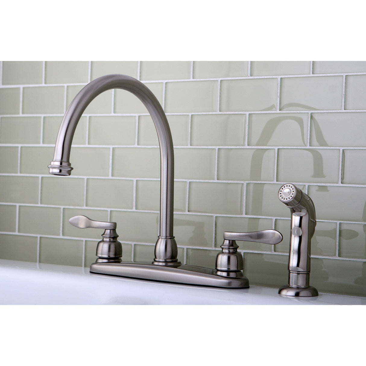 NuWave French KB8798NFLSP Two-Handle 4-Hole Deck Mount 8" Centerset Kitchen Faucet with Side Sprayer, Brushed Nickel