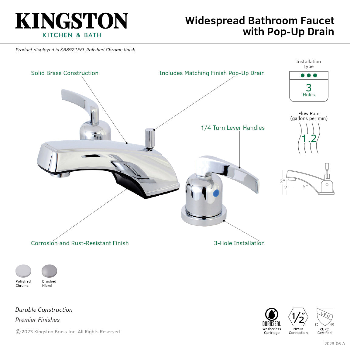 Centurion KB8921EFL Two-Handle 3-Hole Deck Mount Widespread Bathroom Faucet with Plastic Pop-Up, Polished Chrome