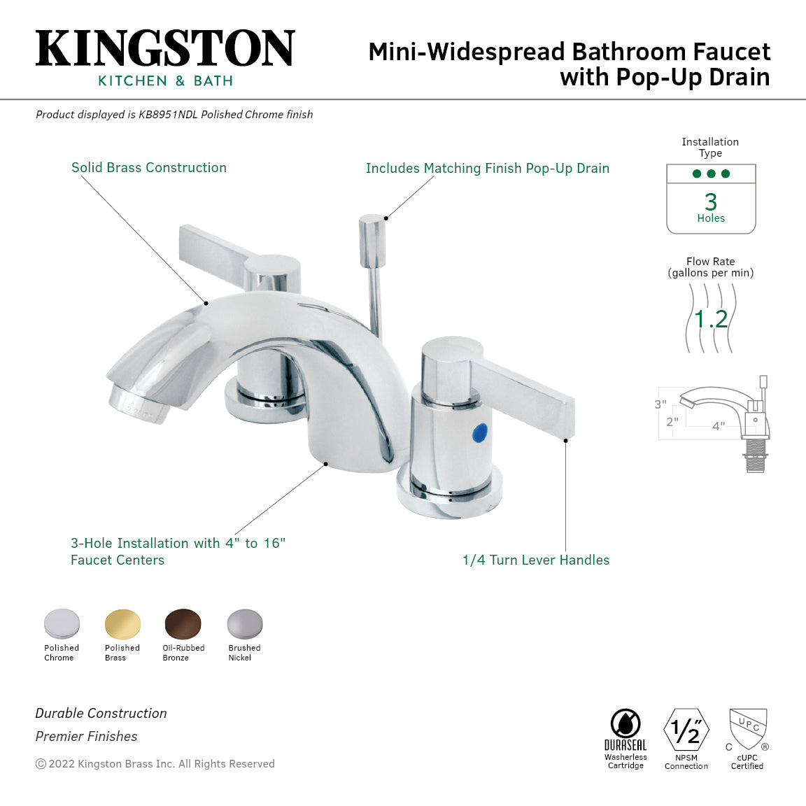 NuvoFusion KB8955NDL Two-Handle 3-Hole Deck Mount Mini-Widespread Bathroom Faucet with Plastic Pop-Up, Oil Rubbed Bronze