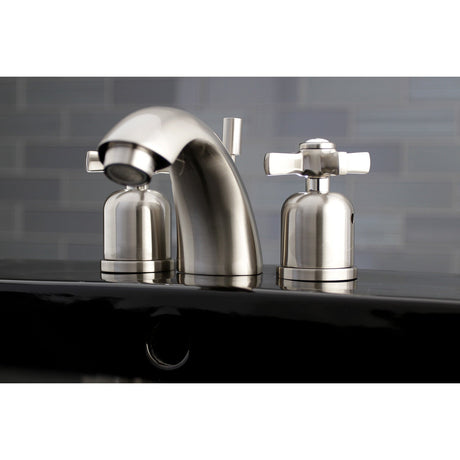 Millennium KB8958ZX Two-Handle 3-Hole Deck Mount Mini-Widespread Bathroom Faucet with Plastic Pop-Up, Brushed Nickel