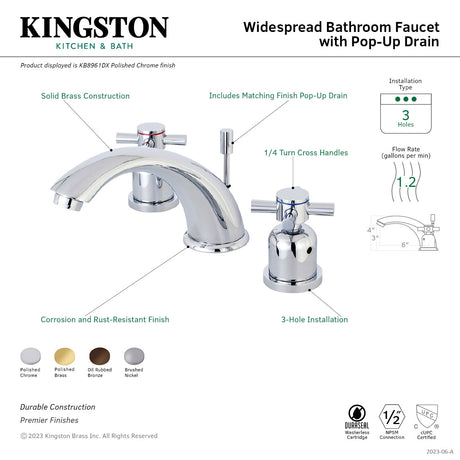 Concord KB8961DX Two-Handle 3-Hole Deck Mount Widespread Bathroom Faucet with Plastic Pop-Up, Polished Chrome