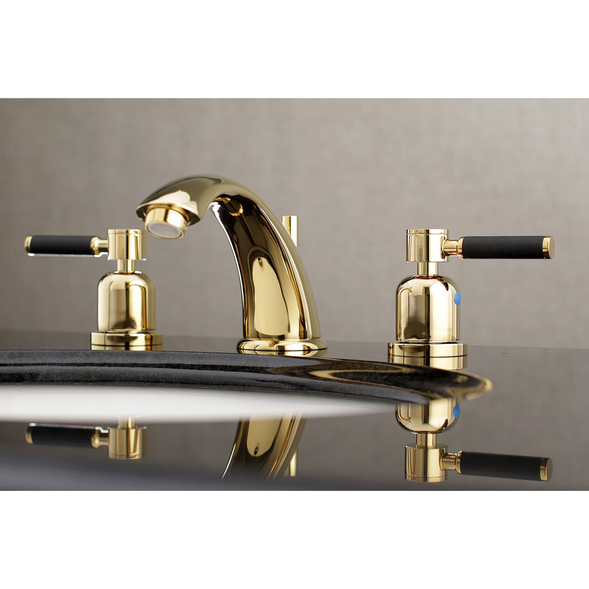 Kaiser KB8962DKL Two-Handle 3-Hole Deck Mount Widespread Bathroom Faucet with Plastic Pop-Up, Polished Brass