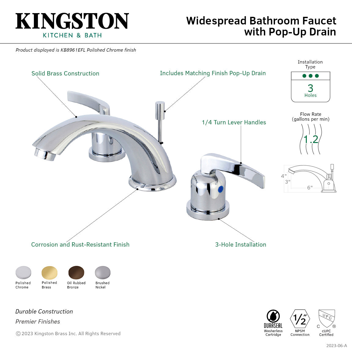 Centurion KB8962EFL Two-Handle 3-Hole Deck Mount Widespread Bathroom Faucet with Plastic Pop-Up, Polished Brass