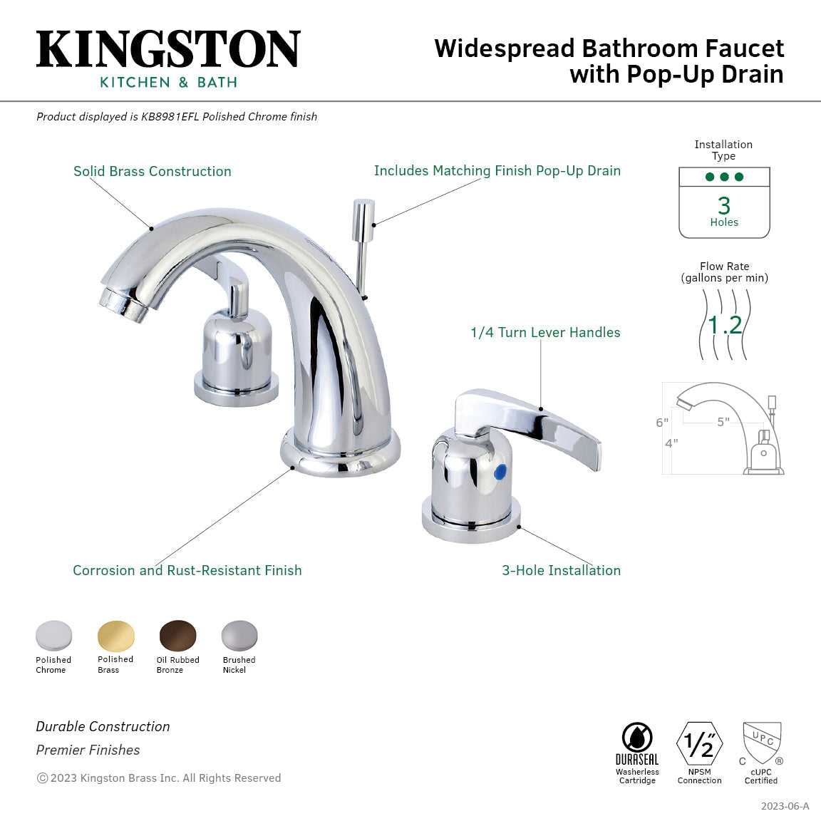 Centurion KB8981EFL Two-Handle 3-Hole Deck Mount Widespread Bathroom Faucet with Plastic Pop-Up, Polished Chrome