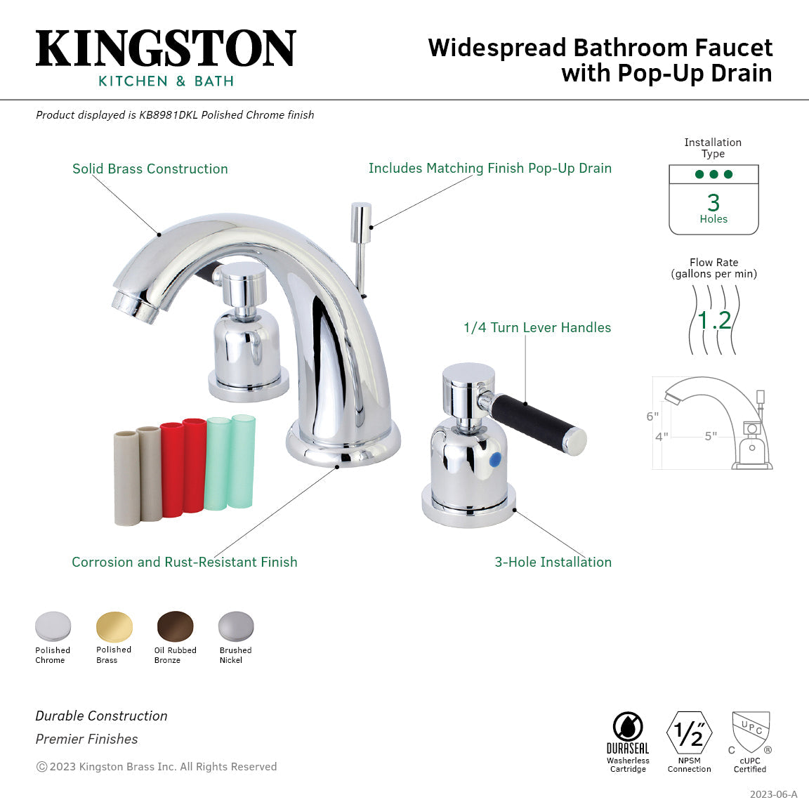 Kaiser KB8982DKL Two-Handle 3-Hole Deck Mount Widespread Bathroom Faucet with Plastic Pop-Up, Polished Brass