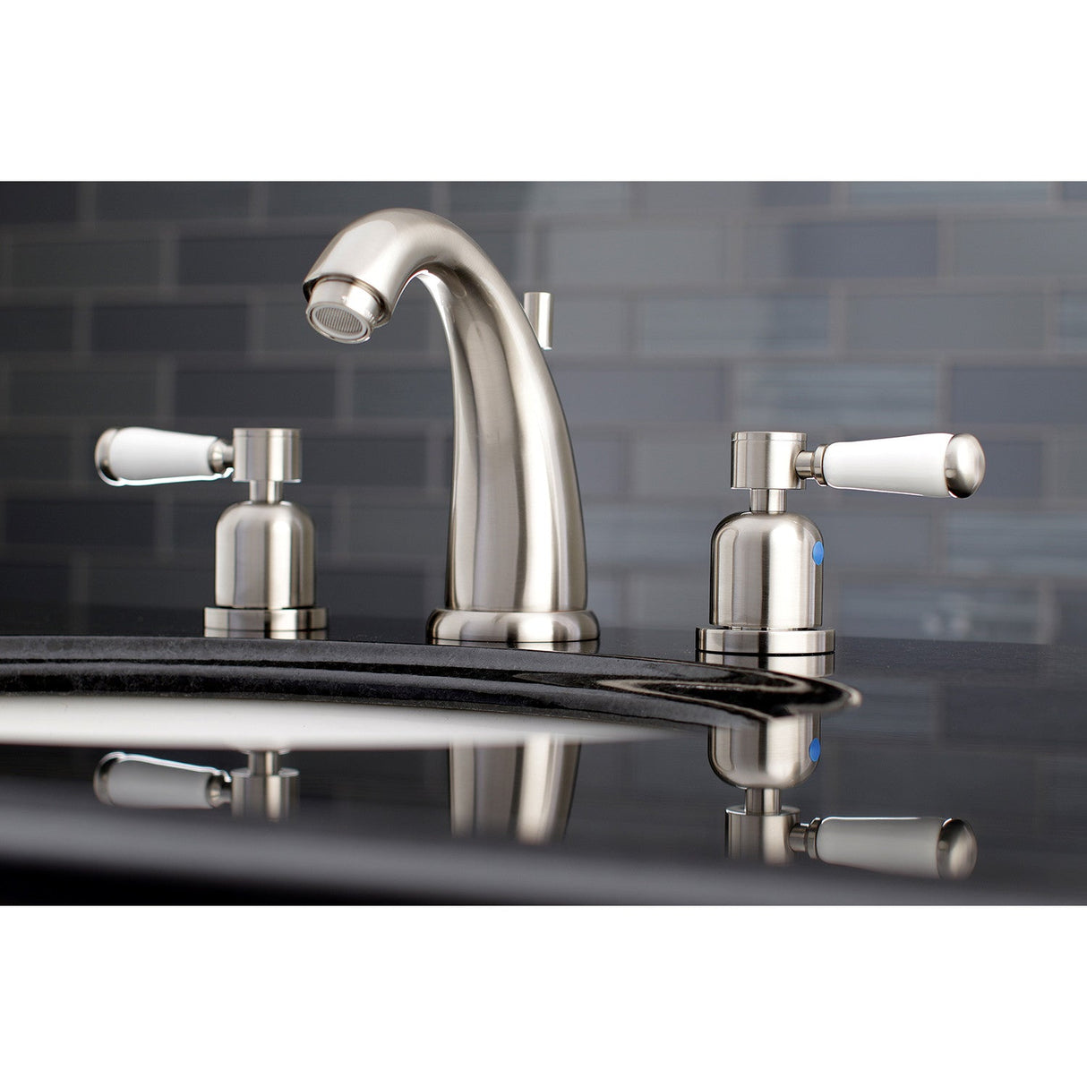 Paris KB8988DPL Two-Handle 3-Hole Deck Mount Widespread Bathroom Faucet with Plastic Pop-Up, Brushed Nickel